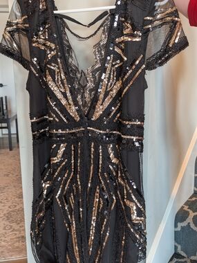 Black Sequin V-Neck Evening Dress with Gold Accents